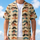 Man wearing Men's Stache Celebration Custom Face Hawaiian Shirt open over a white tee