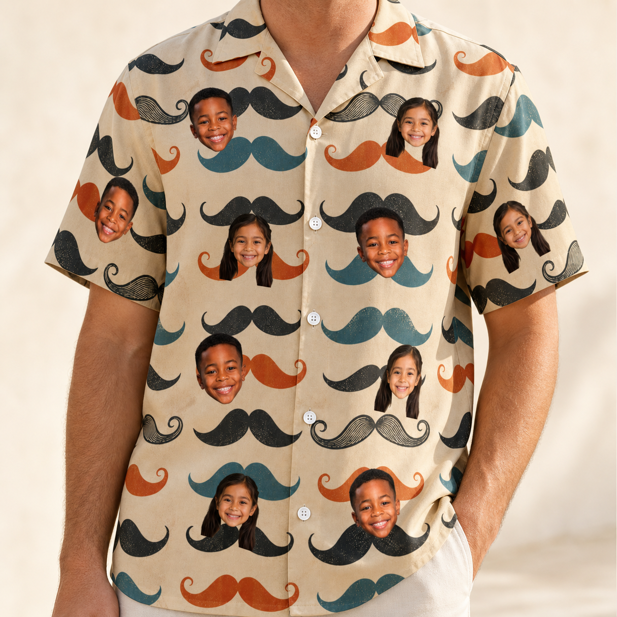 Model wearing Men's Stache Celebration Custom Face Hawaiian Shirt printed with kids' faces