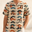 Model wearing Men's Stache Celebration Custom Face Hawaiian Shirt printed with kids' faces
