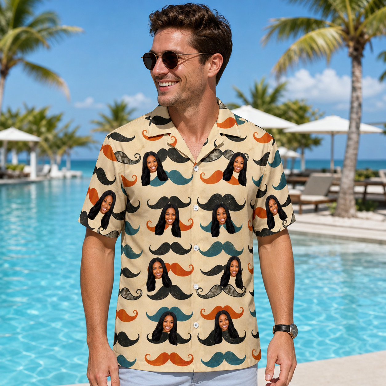 Real-life photo of someone wearing Men's Stache Celebration Custom Face Hawaiian Shirt — custom faces printed all-over