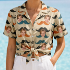 Woman wearing Women's Stache Celebration Custom Face Hawaiian Shirt tied at the waist