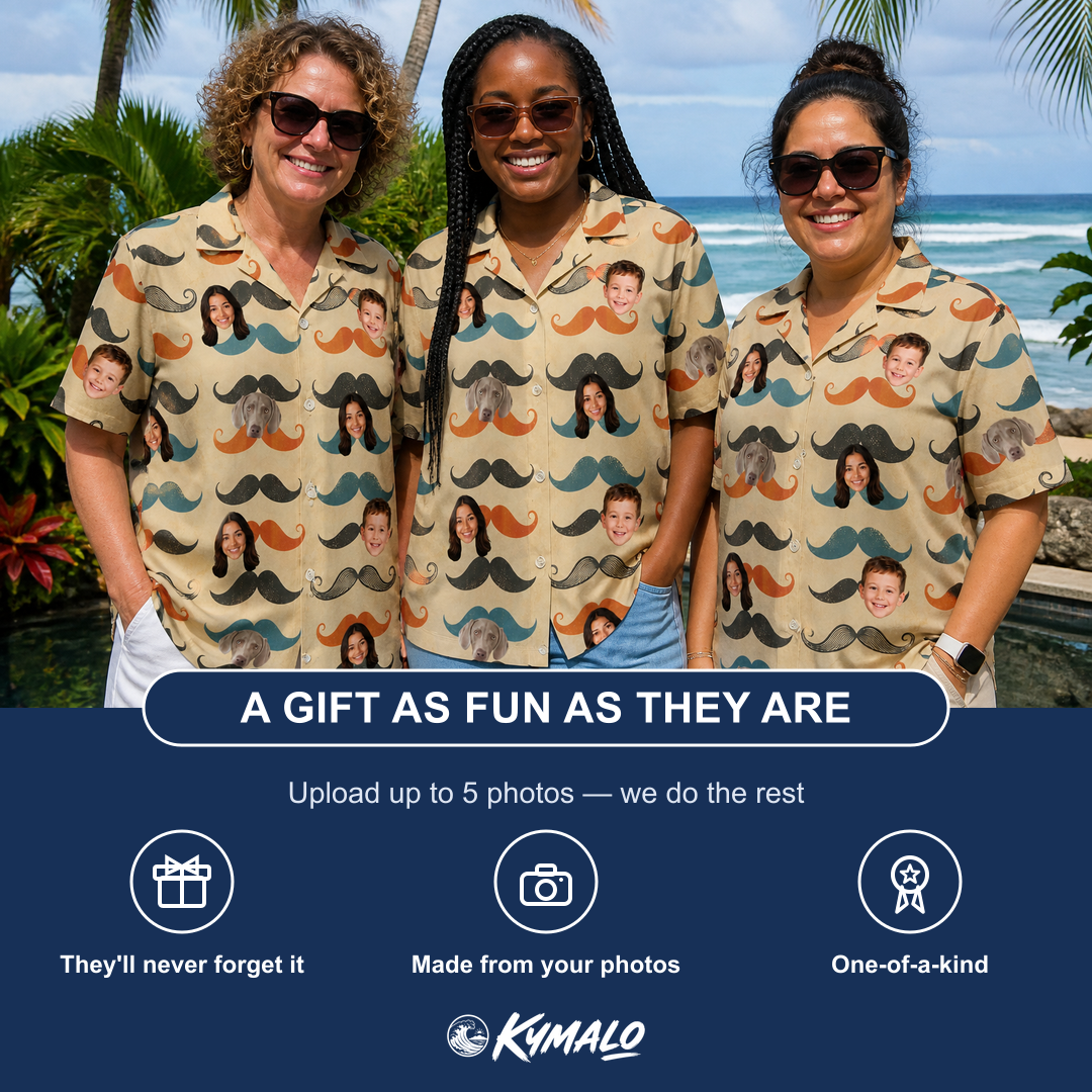 Friends in matching Women's Stache Celebration Custom Face Hawaiian Shirt — a group gift photo