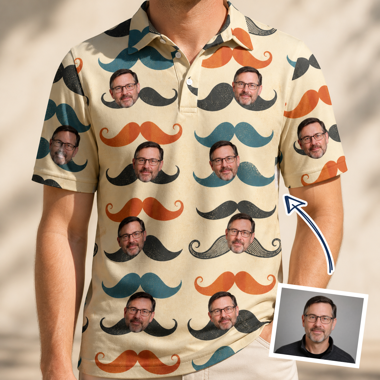Man wearing Men's Stache Celebration Custom Face Polo Shirt — custom faces printed all-over