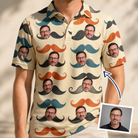 Man wearing Men's Stache Celebration Custom Face Polo Shirt — custom faces printed all-over