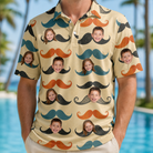 Model wearing Men's Stache Celebration Custom Face Polo Shirt printed with kids' faces
