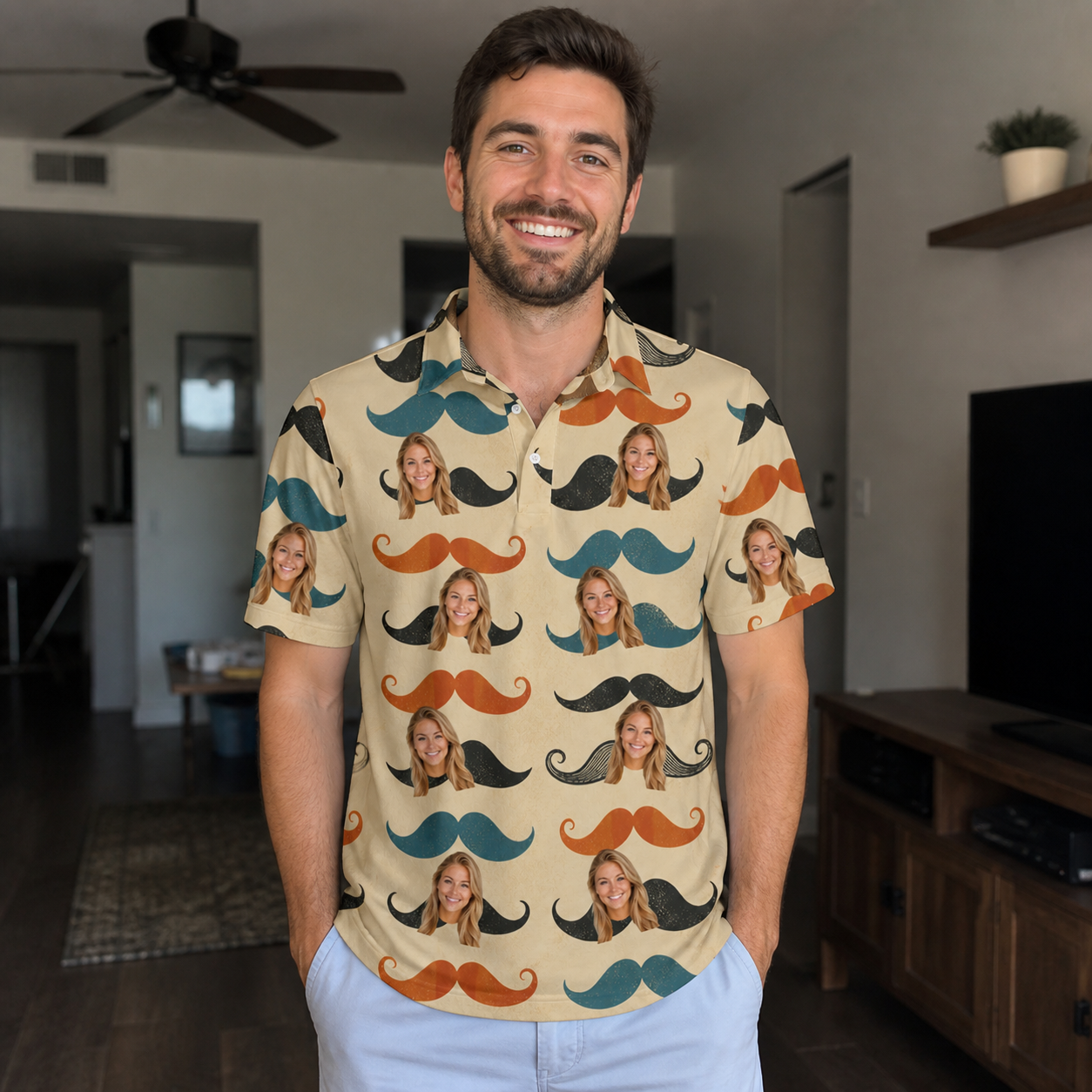 Real-life photo of someone wearing Men's Stache Celebration Custom Face Polo Shirt — custom faces printed all-over