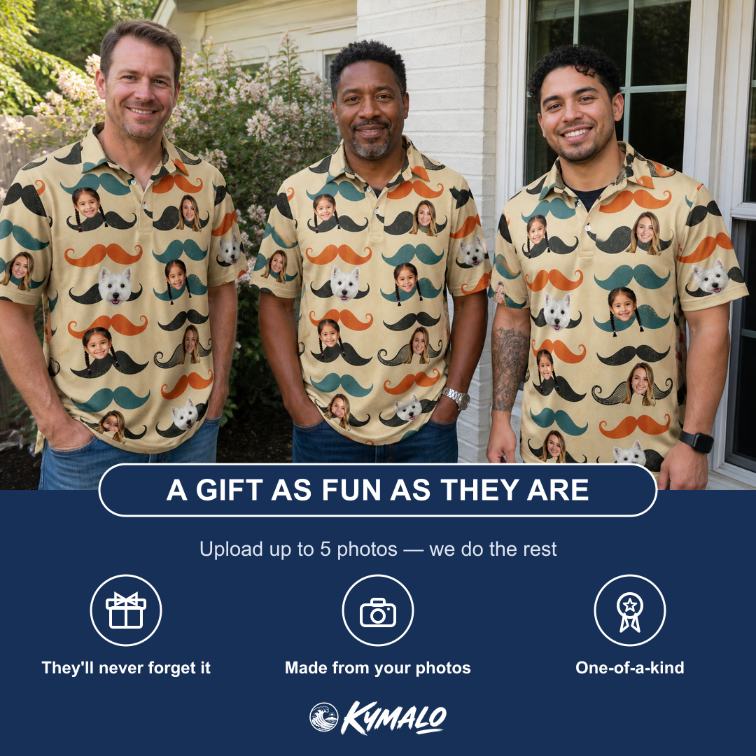 Friends in matching Men's Stache Celebration Custom Face Polo Shirt — a group gift photo