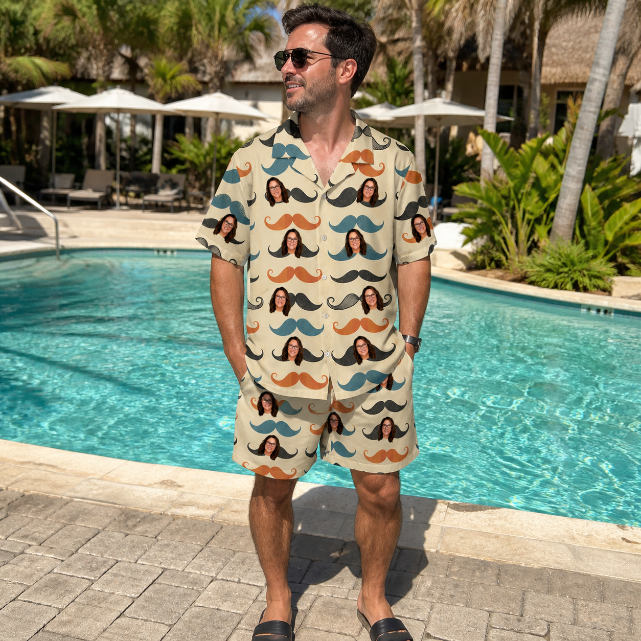 Real-life photo of someone wearing Men's Stache Celebration Custom Face Shirt & Shorts Set — custom faces printed all-over