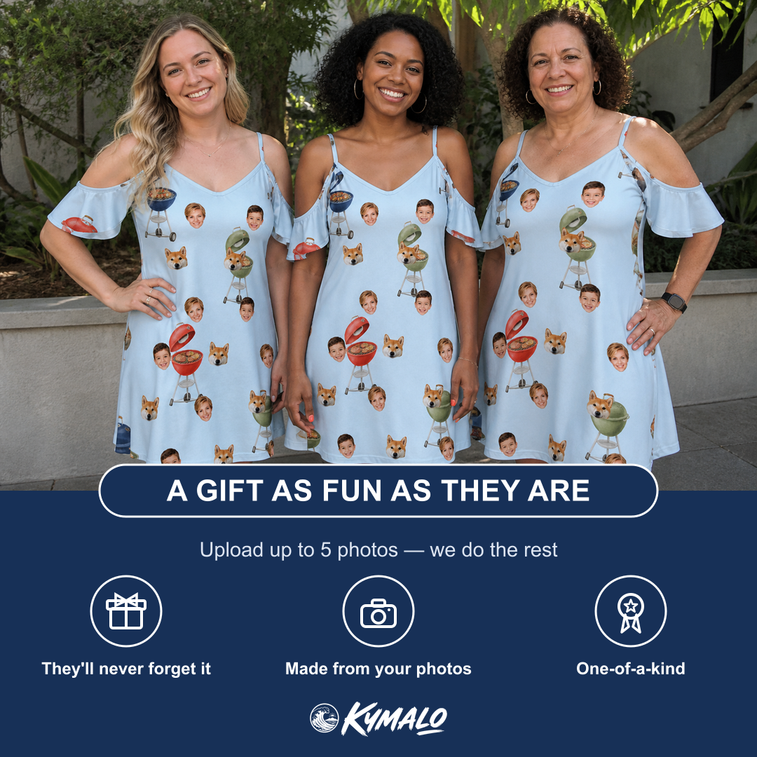 Friends in matching Women's Pitmaster Swagger Custom Face Off-Shoulder Dress — a group gift photo