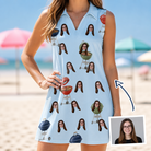 Woman wearing Women's Pitmaster Swagger Custom Face V-Neck Dress — custom faces printed all-over