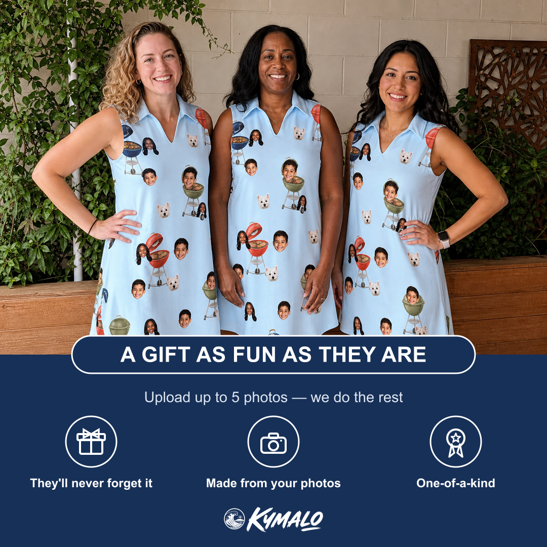 Friends in matching Women's Pitmaster Swagger Custom Face V-Neck Dress — a group gift photo