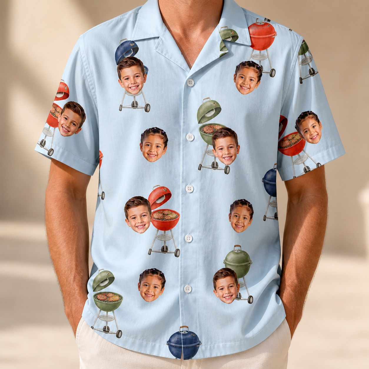 Model wearing Men's Pitmaster Swagger Custom Face Hawaiian Shirt printed with kids' faces