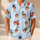 Model wearing Men's Pitmaster Swagger Custom Face Hawaiian Shirt printed with kids' faces