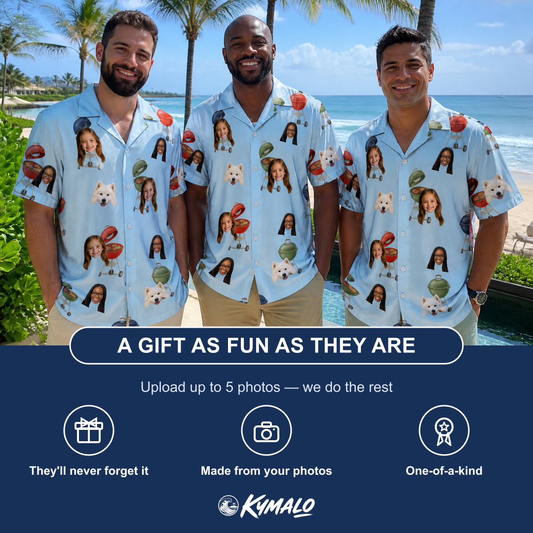 Friends in matching Men's Pitmaster Swagger Custom Face Hawaiian Shirt — a group gift photo