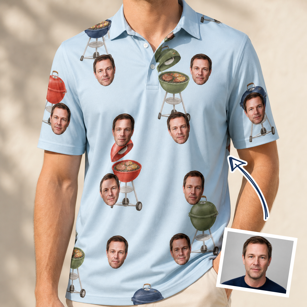 Man wearing Men's Pitmaster Swagger Custom Face Polo Shirt — custom faces printed all-over