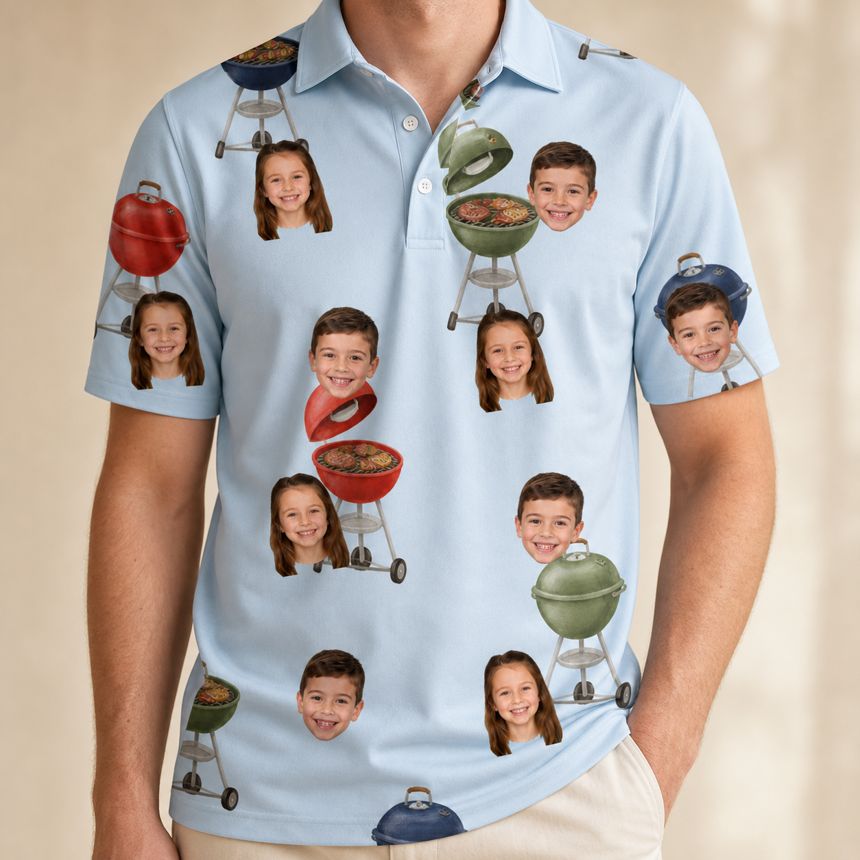 Model wearing Men's Pitmaster Swagger Custom Face Polo Shirt printed with kids' faces