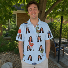 Real-life photo of someone wearing Men's Pitmaster Swagger Custom Face Polo Shirt — custom faces printed all-over