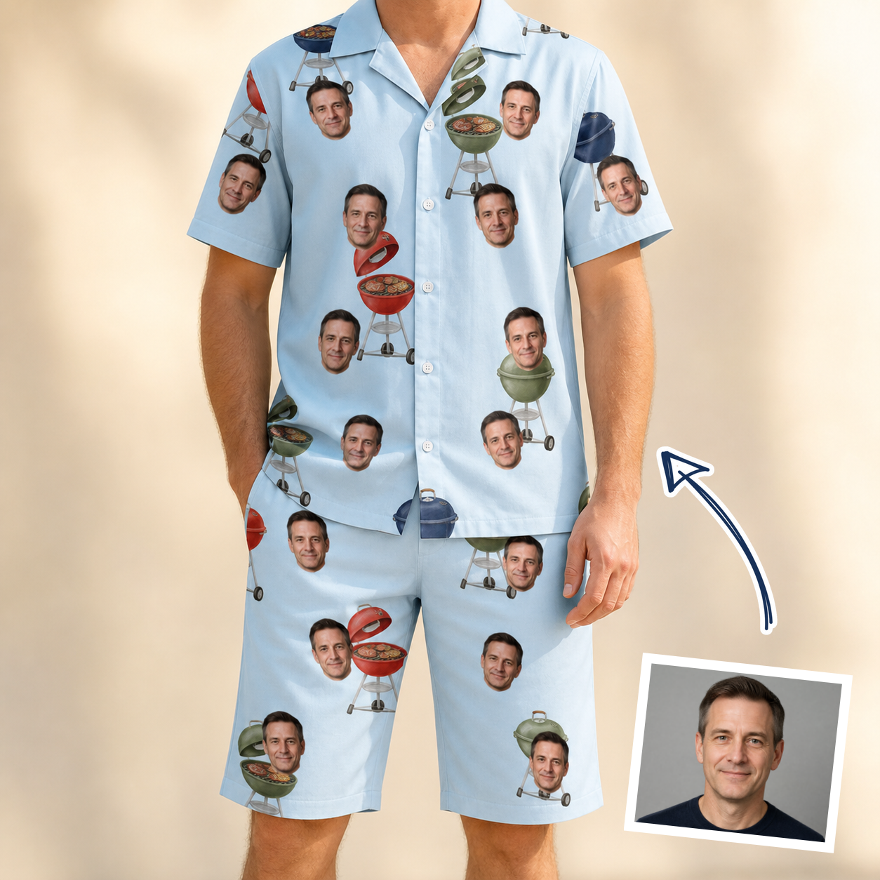 Man wearing Men's Pitmaster Swagger Custom Face Shirt & Shorts Set — custom faces printed all-over