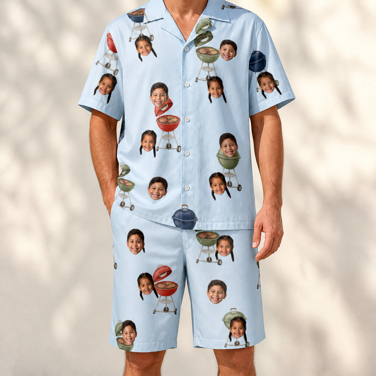 Model wearing Men's Pitmaster Swagger Custom Face Shirt & Shorts Set printed with kids' faces