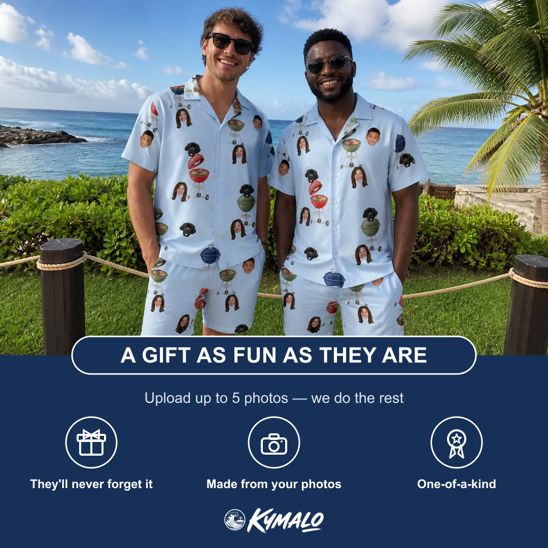Friends in matching Men's Pitmaster Swagger Custom Face Shirt & Shorts Set — a group gift photo