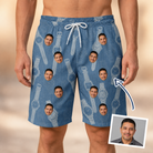 Man wearing Men's Chrono Chaps Custom Face Beach Shorts — custom faces printed all-over