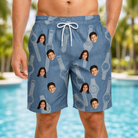 Model wearing Men's Chrono Chaps Custom Face Beach Shorts printed with kids' faces