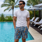 Real-life photo of someone wearing Men's Chrono Chaps Custom Face Beach Shorts — custom faces printed all-over