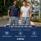 Friends in matching Men's Chrono Chaps Custom Face Beach Shorts — a group gift photo