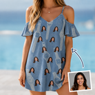 Woman wearing Women's Chrono Chaps Custom Face Off-Shoulder Dress — custom faces printed all-over