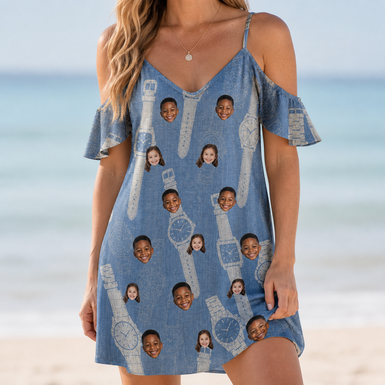 Model wearing Women's Chrono Chaps Custom Face Off-Shoulder Dress printed with kids' faces