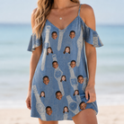 Model wearing Women's Chrono Chaps Custom Face Off-Shoulder Dress printed with kids' faces