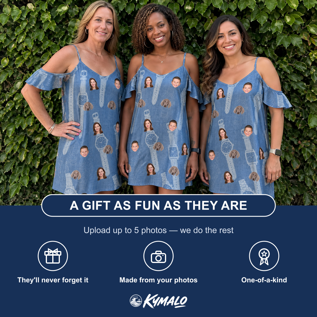 Friends in matching Women's Chrono Chaps Custom Face Off-Shoulder Dress — a group gift photo