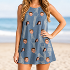 Model wearing Women's Chrono Chaps Custom Face Tank Dress printed with kids' faces