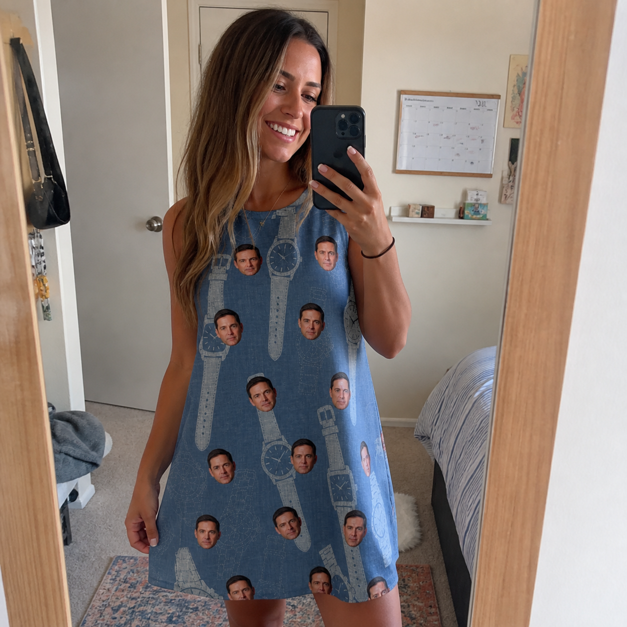 Real-life photo of someone wearing Women's Chrono Chaps Custom Face Tank Dress — custom faces printed all-over