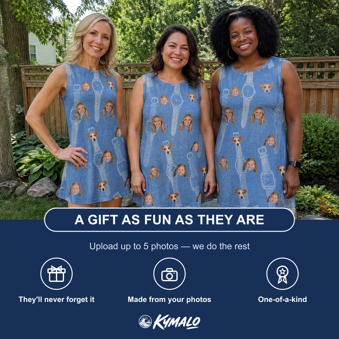 Friends in matching Women's Chrono Chaps Custom Face Tank Dress — a group gift photo