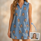 Woman wearing Women's Chrono Chaps Custom Face V-Neck Dress — custom faces printed all-over