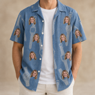 Man wearing Men's Chrono Chaps Custom Face Hawaiian Shirt open over a white tee