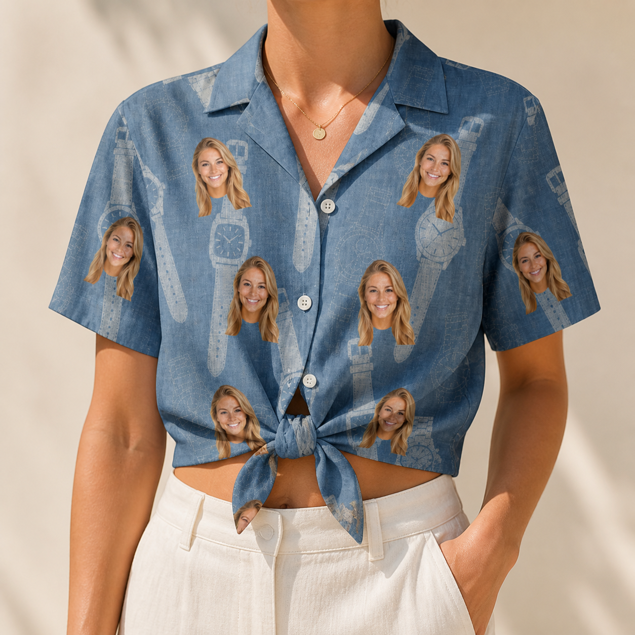 Woman wearing Women's Chrono Chaps Custom Face Hawaiian Shirt tied at the waist