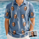 Man wearing Men's Chrono Chaps Custom Face Polo Shirt — custom faces printed all-over
