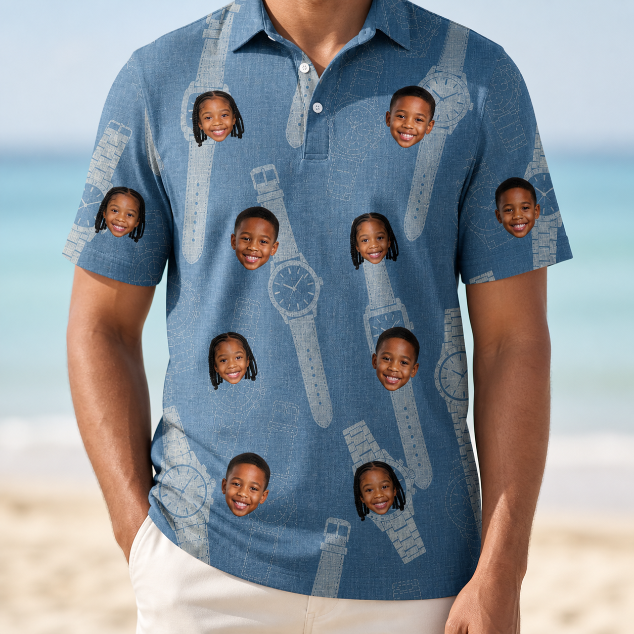 Model wearing Men's Chrono Chaps Custom Face Polo Shirt printed with kids' faces