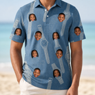 Model wearing Men's Chrono Chaps Custom Face Polo Shirt printed with kids' faces