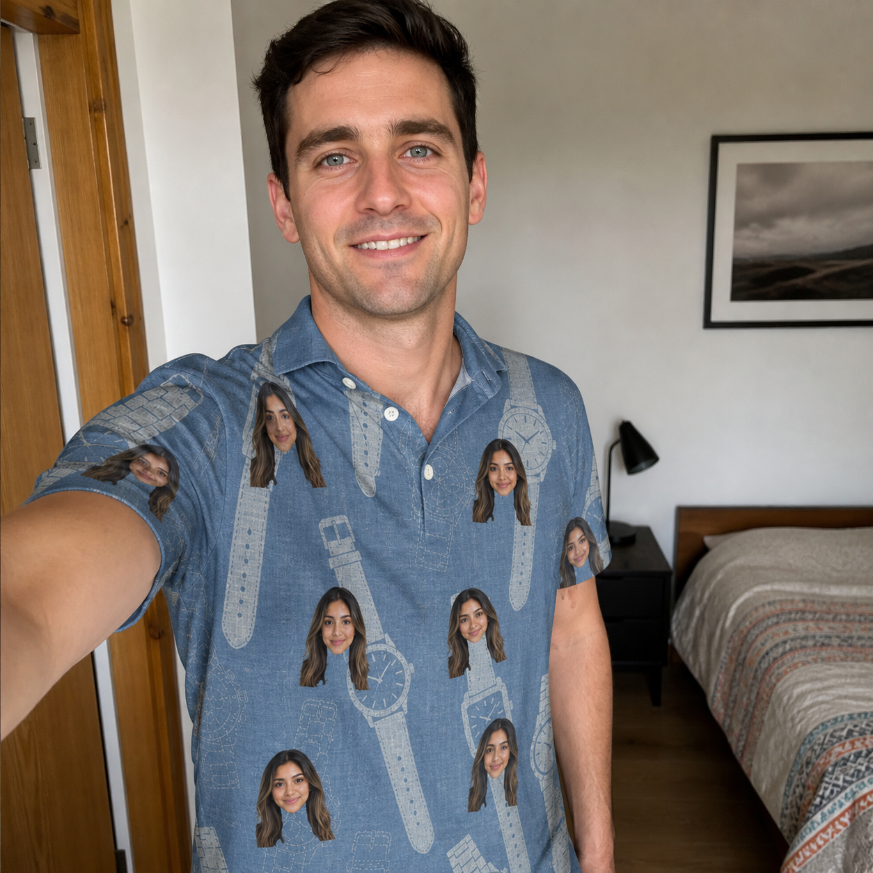 Real-life photo of someone wearing Men's Chrono Chaps Custom Face Polo Shirt — custom faces printed all-over
