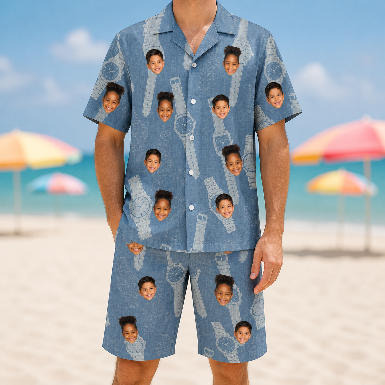 Model wearing Men's Chrono Chaps Custom Face Shirt & Shorts Set printed with kids' faces