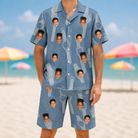 Model wearing Men's Chrono Chaps Custom Face Shirt & Shorts Set printed with kids' faces