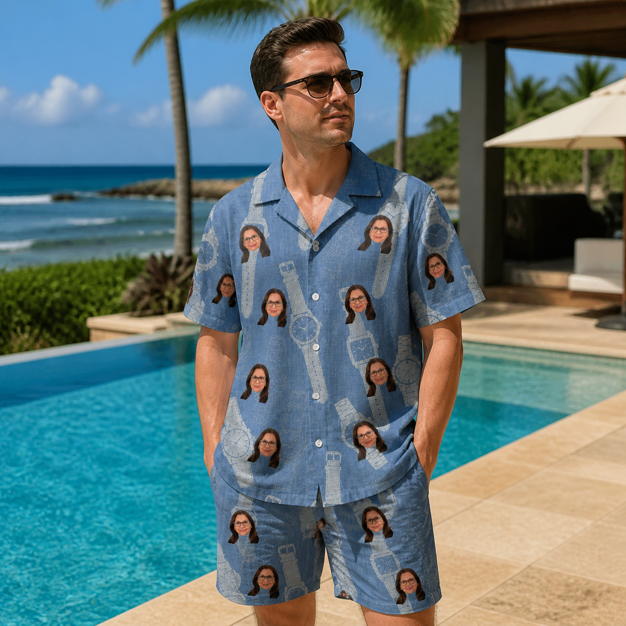 Real-life photo of someone wearing Men's Chrono Chaps Custom Face Shirt & Shorts Set — custom faces printed all-over
