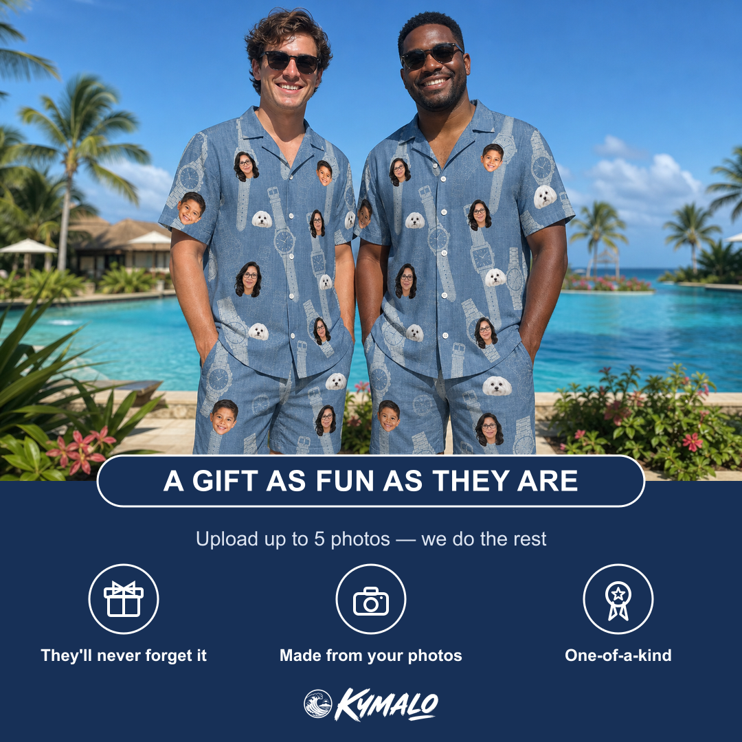 Friends in matching Men's Chrono Chaps Custom Face Shirt & Shorts Set — a group gift photo