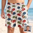 Man wearing Men's Brim Bonds Custom Face Beach Shorts — custom faces printed all-over
