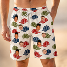 Model wearing Men's Brim Bonds Custom Face Beach Shorts printed with kids' faces