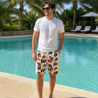 Real-life photo of someone wearing Men's Brim Bonds Custom Face Beach Shorts — custom faces printed all-over
