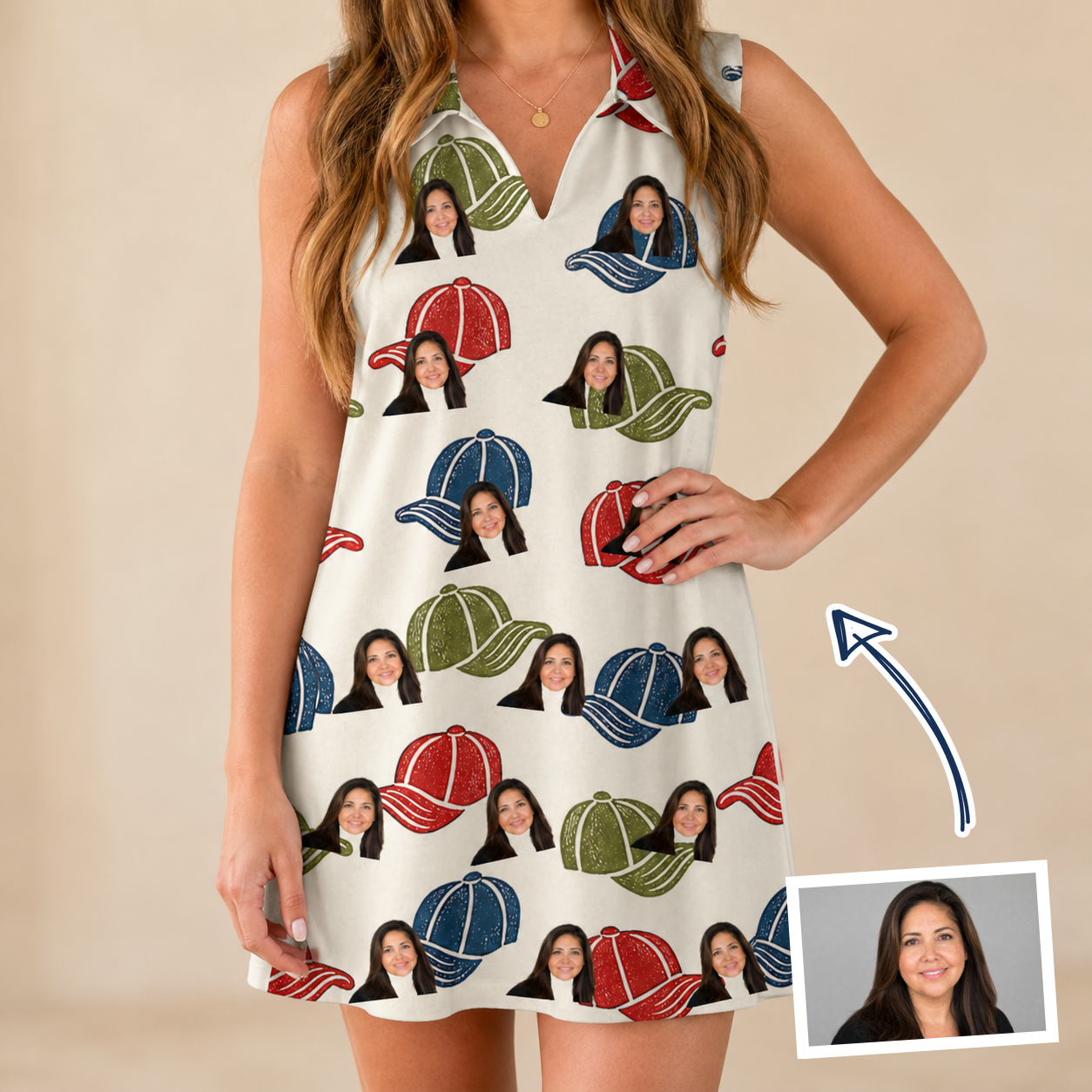 Woman wearing Women's Brim Bonds Custom Face V-Neck Dress — custom faces printed all-over